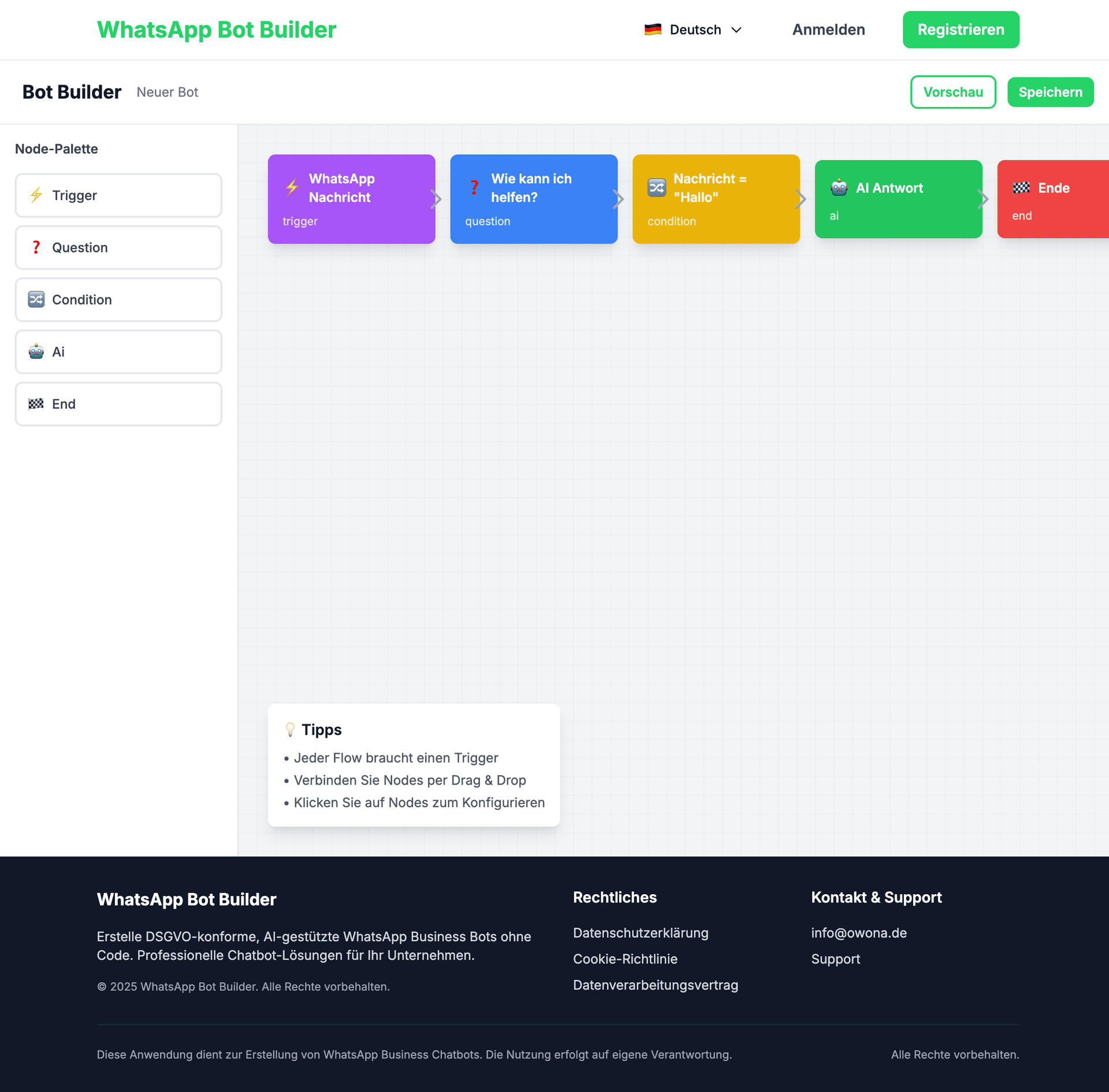 Bot Builder Screenshot - Visueller Flow-Editor