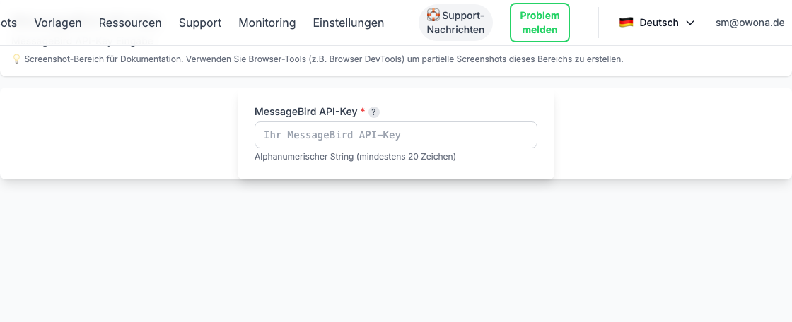 MessageBird API-Key Eingabe