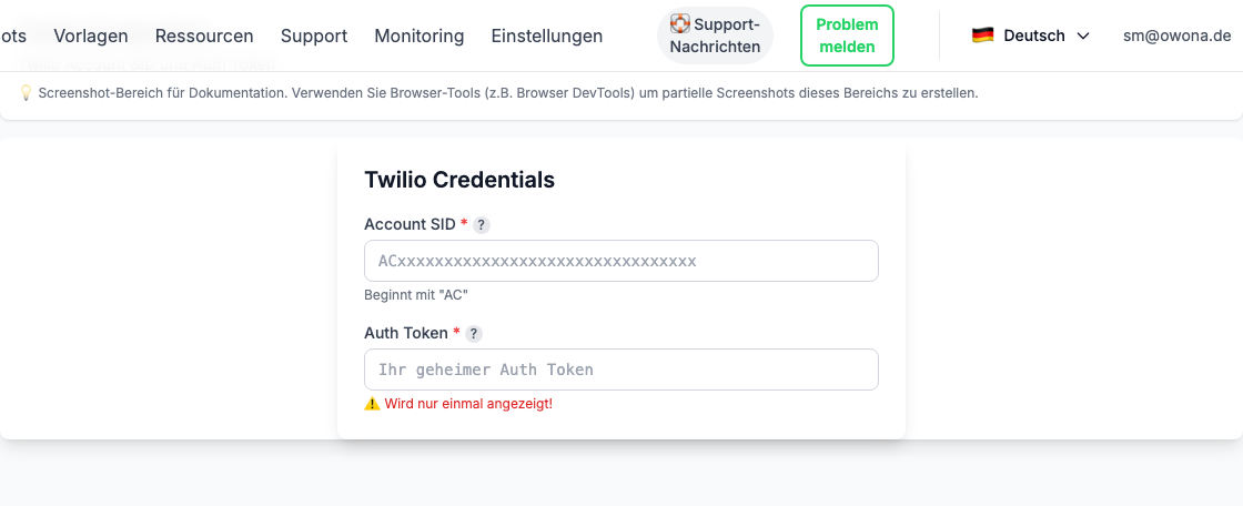 Twilio Credentials Eingabe